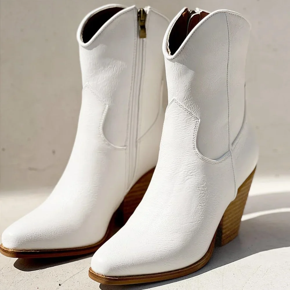 NEW Pointy Toe Stack Block Heel Western Curved Mid Ankle Booties Boots Off White - Picture 9 of 13